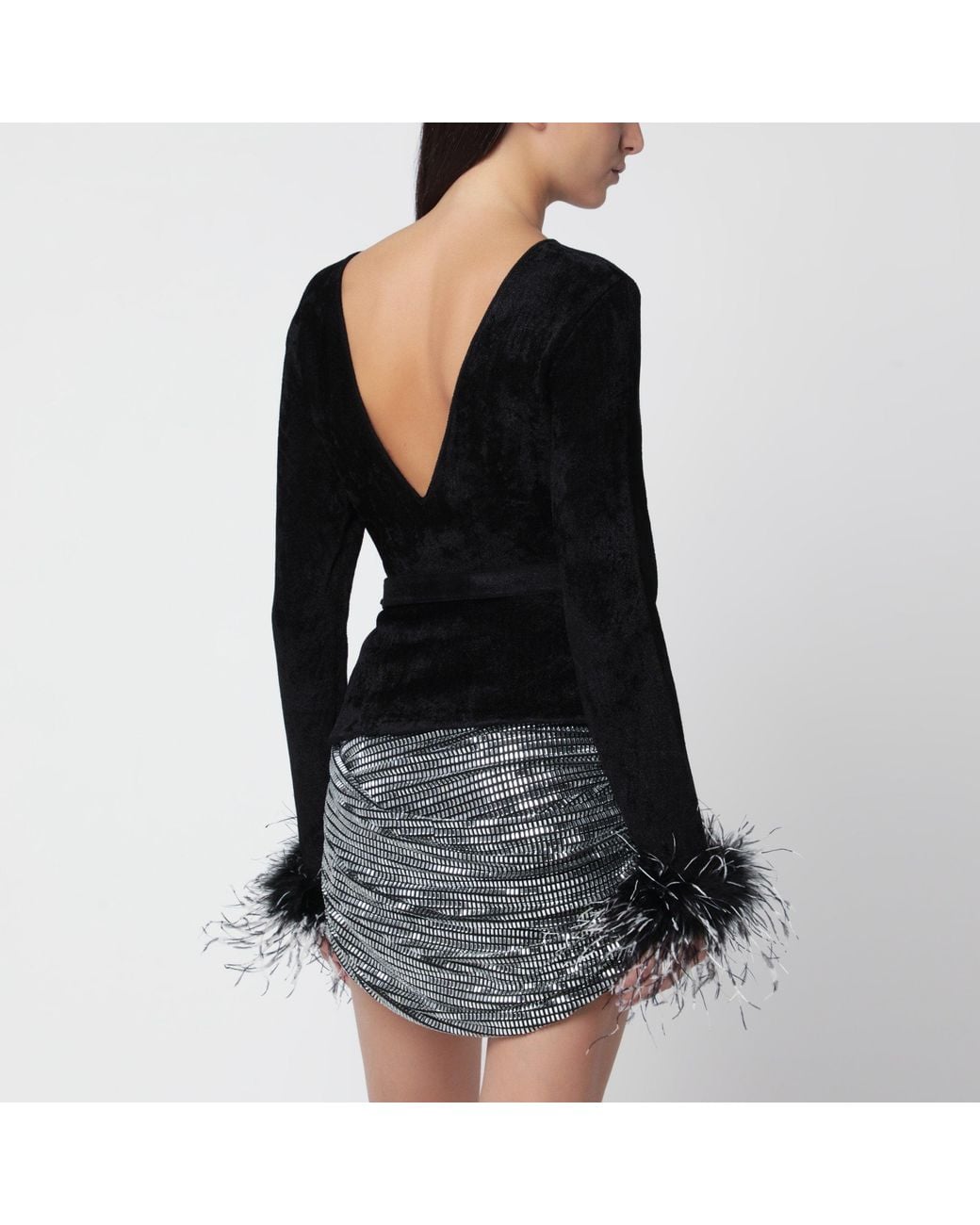 Self-Portrait Black Chenille Knit Top With Feather Trim
