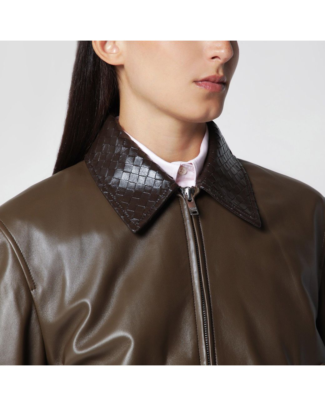 Bottega Veneta Brown Wader Glossy Leather Jacket