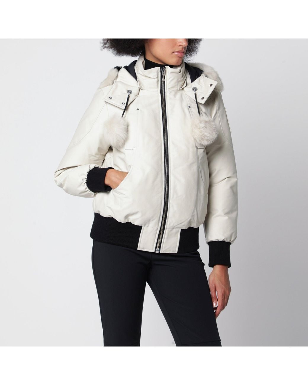 Moose Knuckles White Original Debbie Cropped Mini Bomber Jacket With Down And Stretch