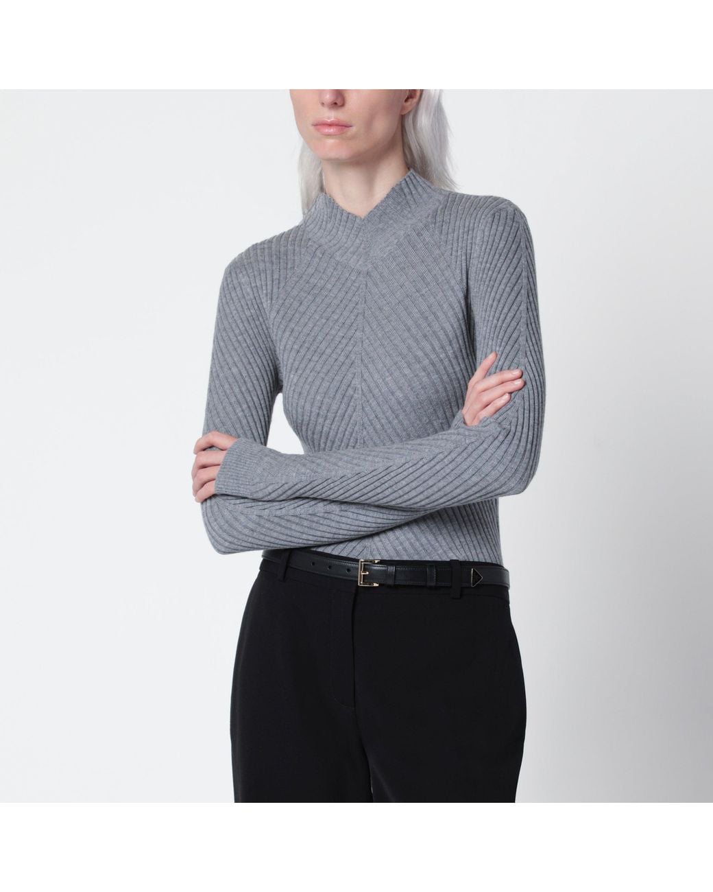 Victoria Beckham Blue Georgia Marl Ribbed Merino Wool Sweater