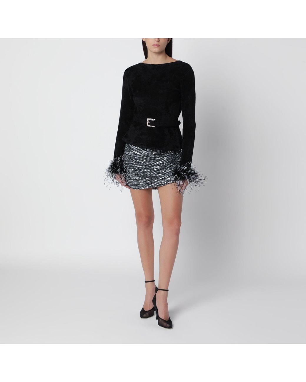 Self-Portrait Black Chenille Knit Top With Feather Trim