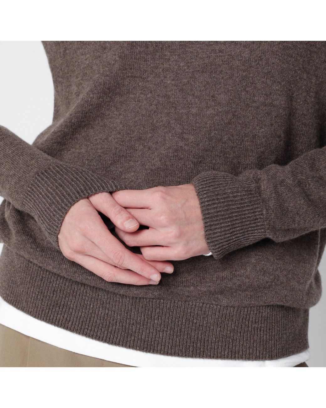 The Row Brown Phora Taupe Cashmere V-Neck Sweater