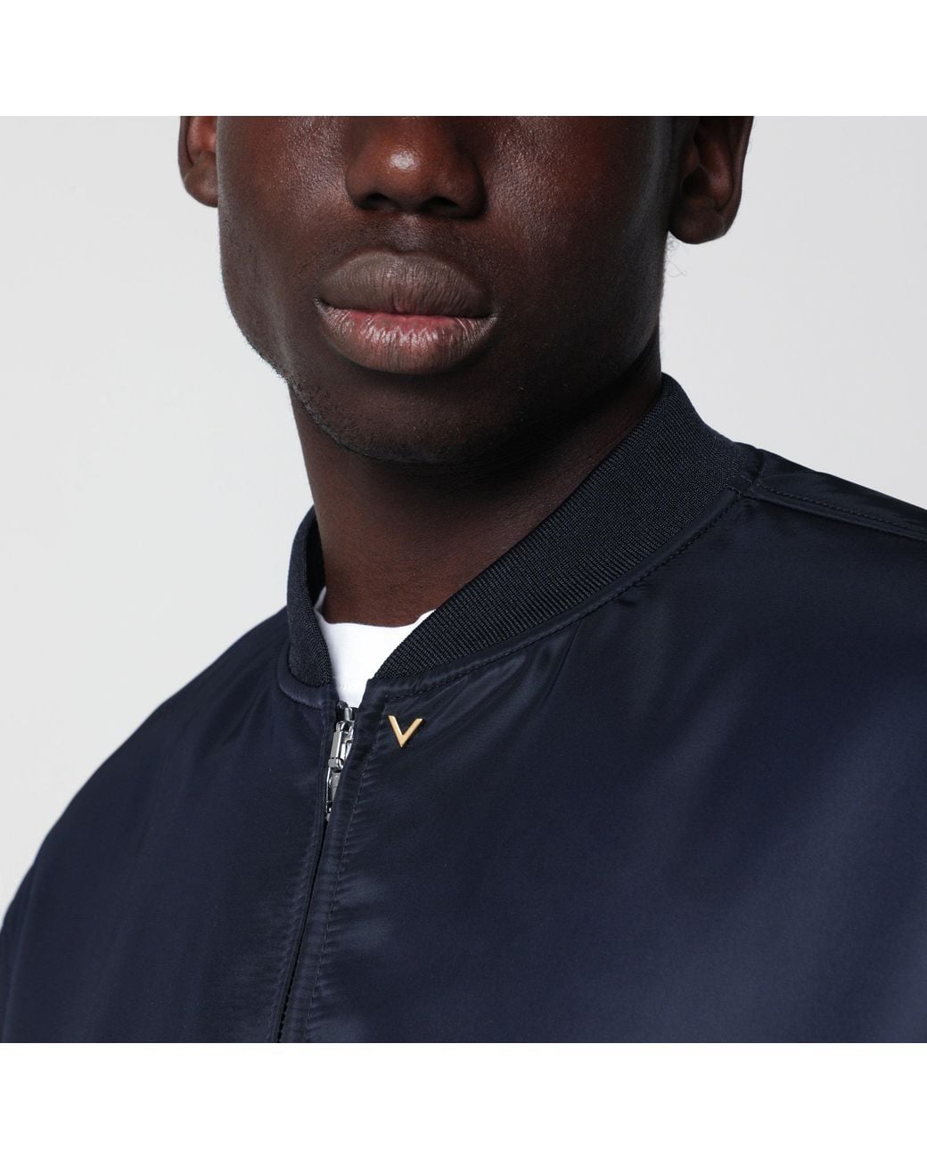 Valentino Blue Shiny Zip-Up Bomber Jacket With Vlogo for men