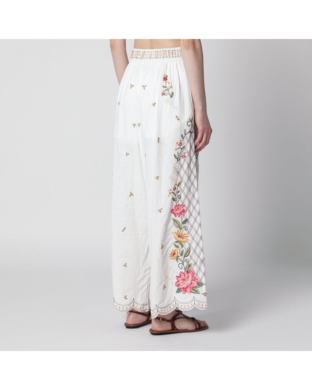 Farm Rio White Linenblend Trousers With Floral Embroidery