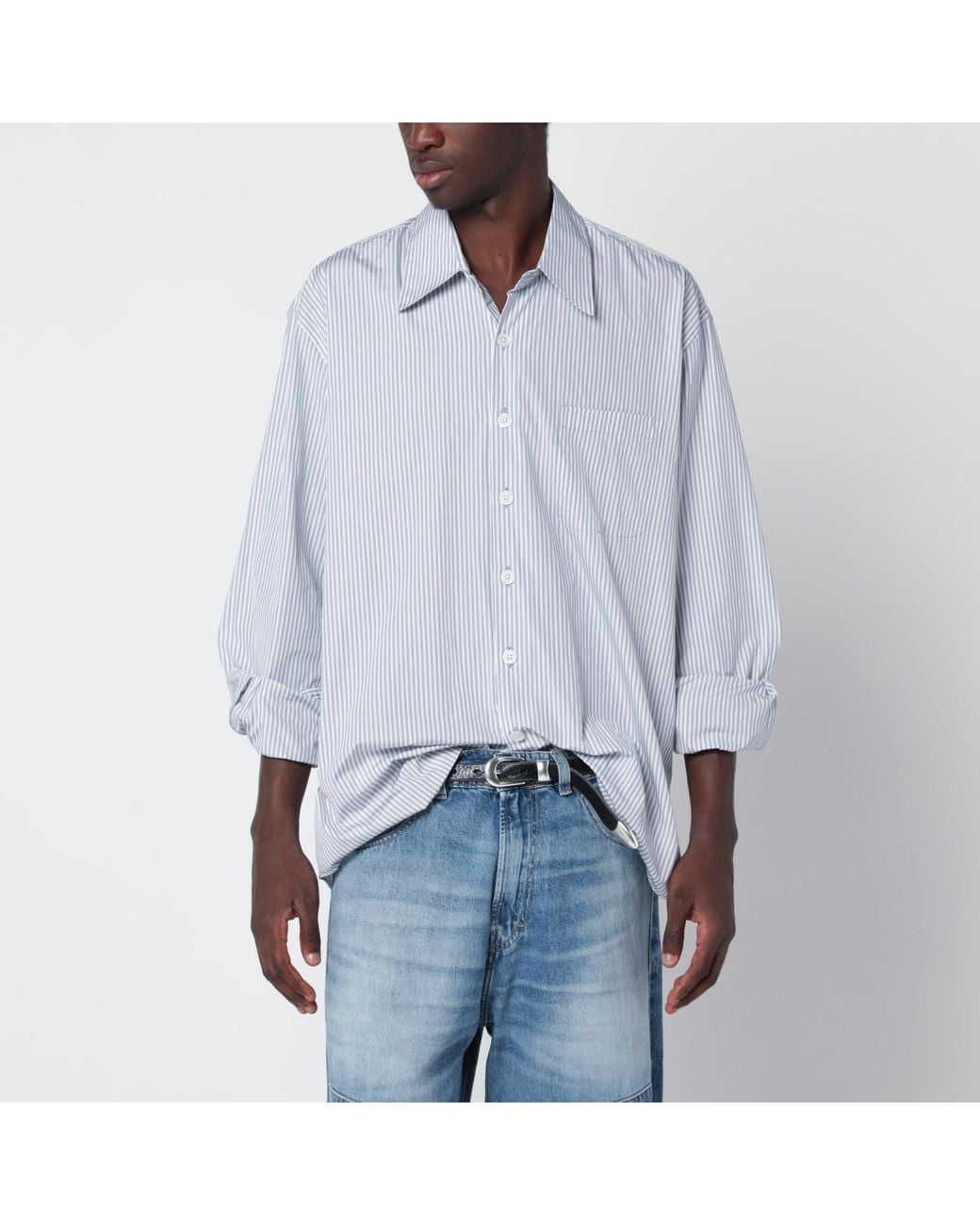 Our Legacy Blue Above Striped Cotton Poplin Shirt for men