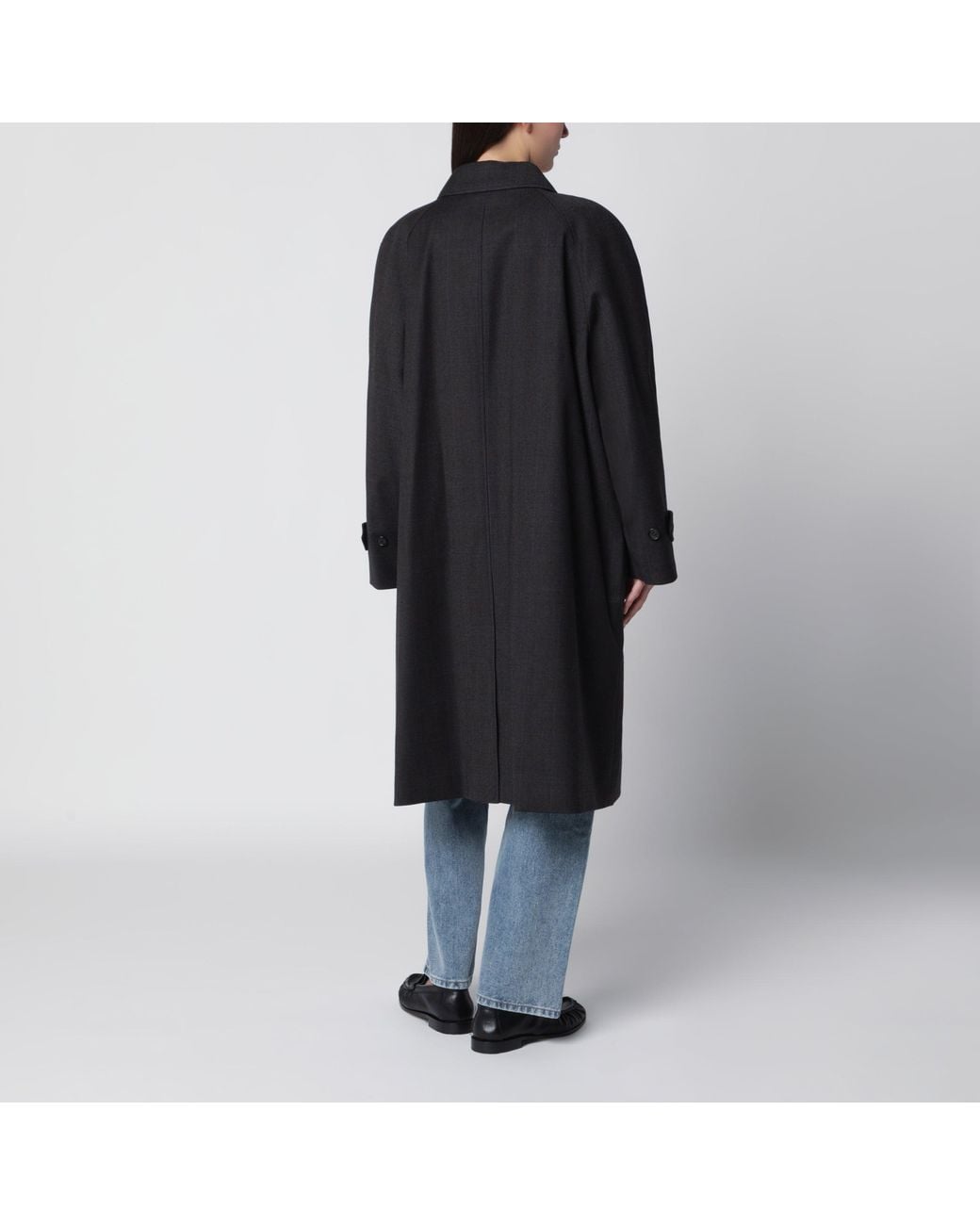 DUNST Black H-Line Wool-Blend Coat With Button-Front, Classic Collar & Check Pattern