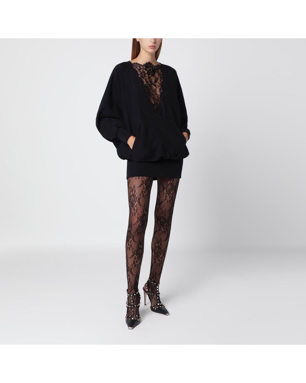 Valentino Black Sweatshirt-Style Mini Dress With Lace Inserts