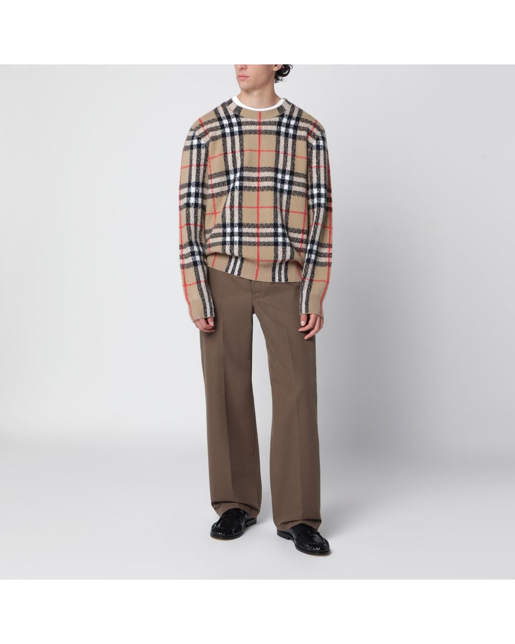 Burberry Brown Sand Cashmere Check Sweater for men
