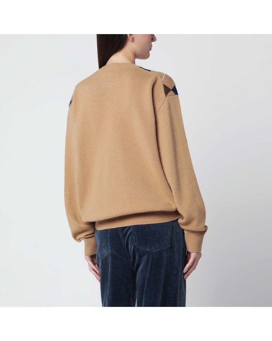 DUNST Blue Argyle Camel Wool Crewneck Sweater