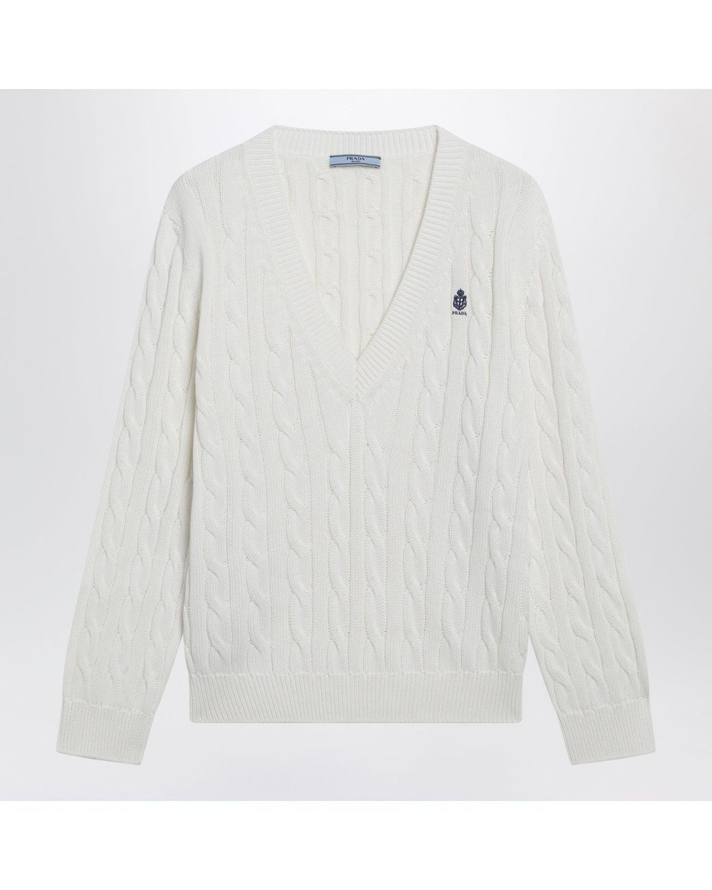 Prada White Cableknit Vneck Jumper