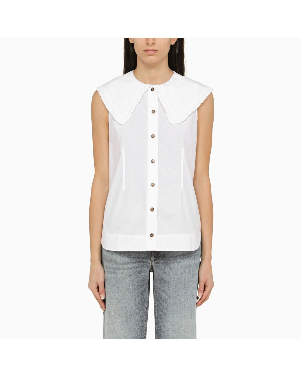Ganni White Cotton Sleeveless Shirt With Collar | Lyst UK