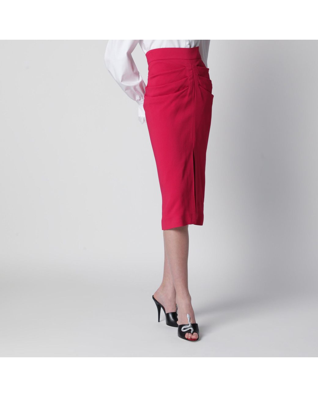 Valentino Red Midi Skirt With Ruched Detail