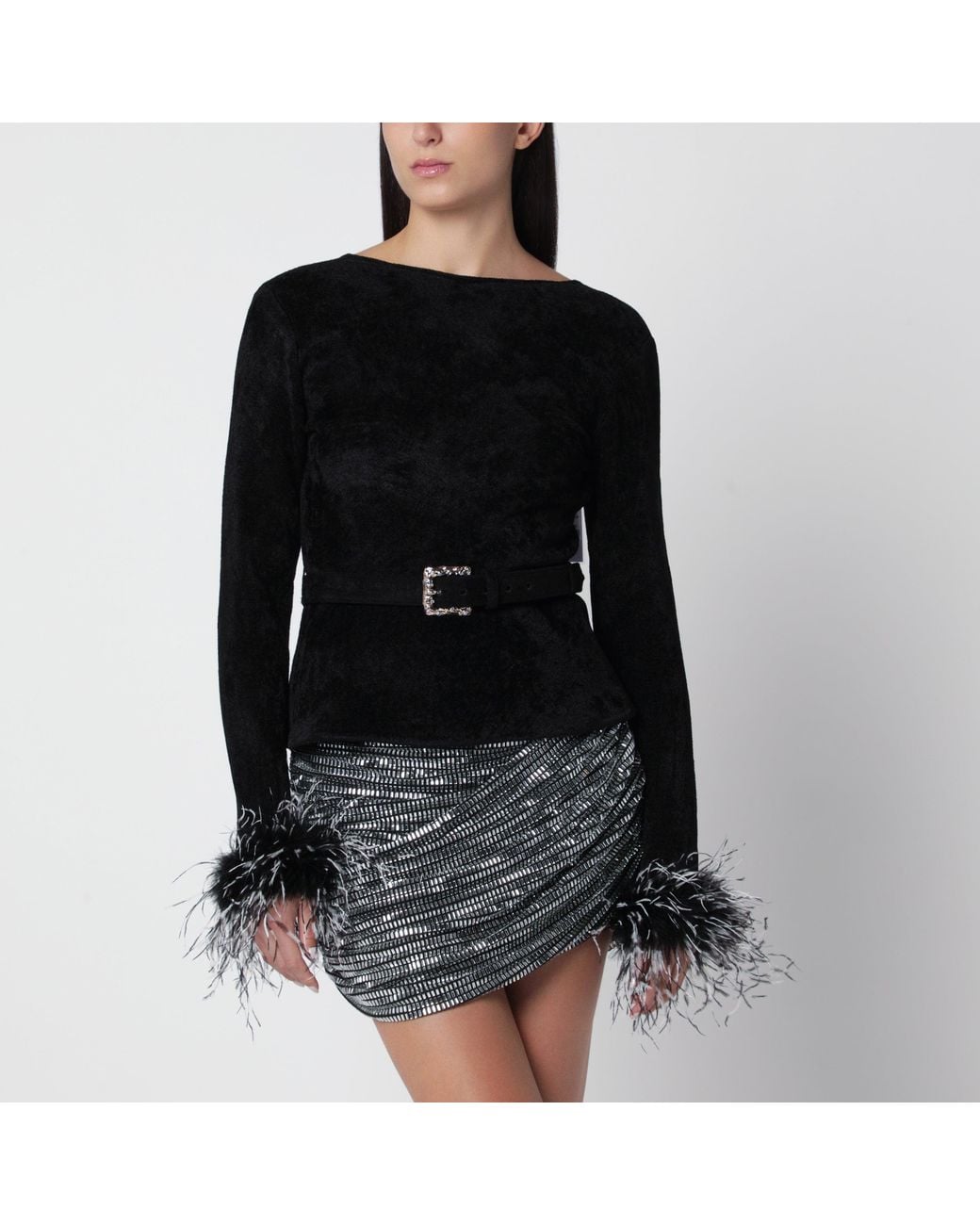 Self-Portrait Black Chenille Knit Top With Feather Trim