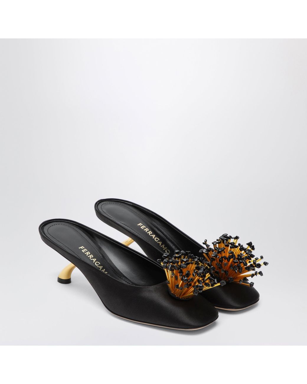 Ferragamo Black Mules With Sculptural Heel And Crystal Flower