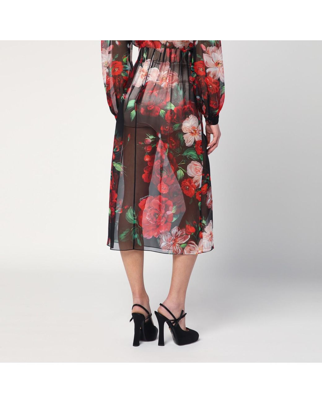 【関税&送料込】Dolce&Gabbana Chiffon Silk Skirt With Rose P Rose-print chiffon calf-length skirt in Print for Women