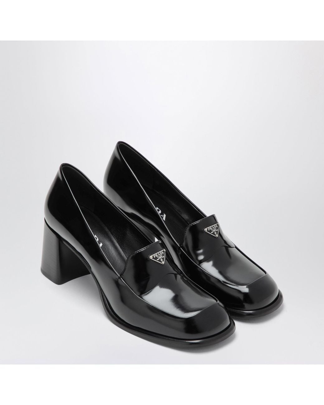 Prada Black Brushed Leather Heeled Loafers
