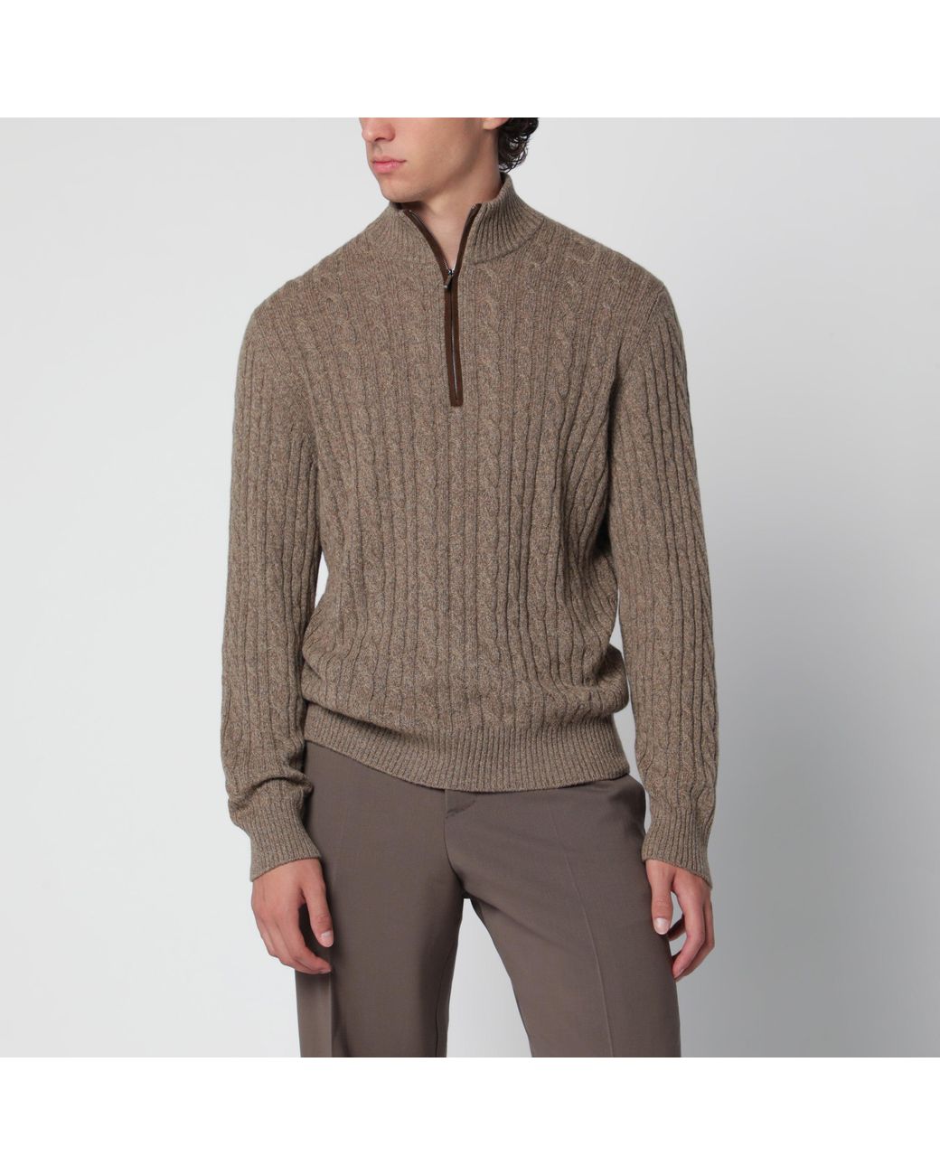 Loro Piana Brown Cable-Knit Sweater for men