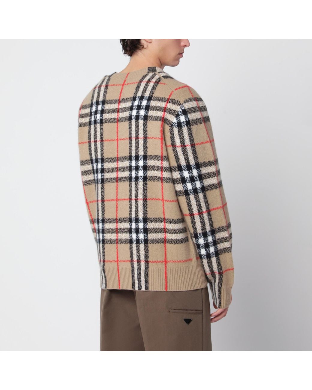 Burberry Brown Sand Cashmere Check Sweater for men