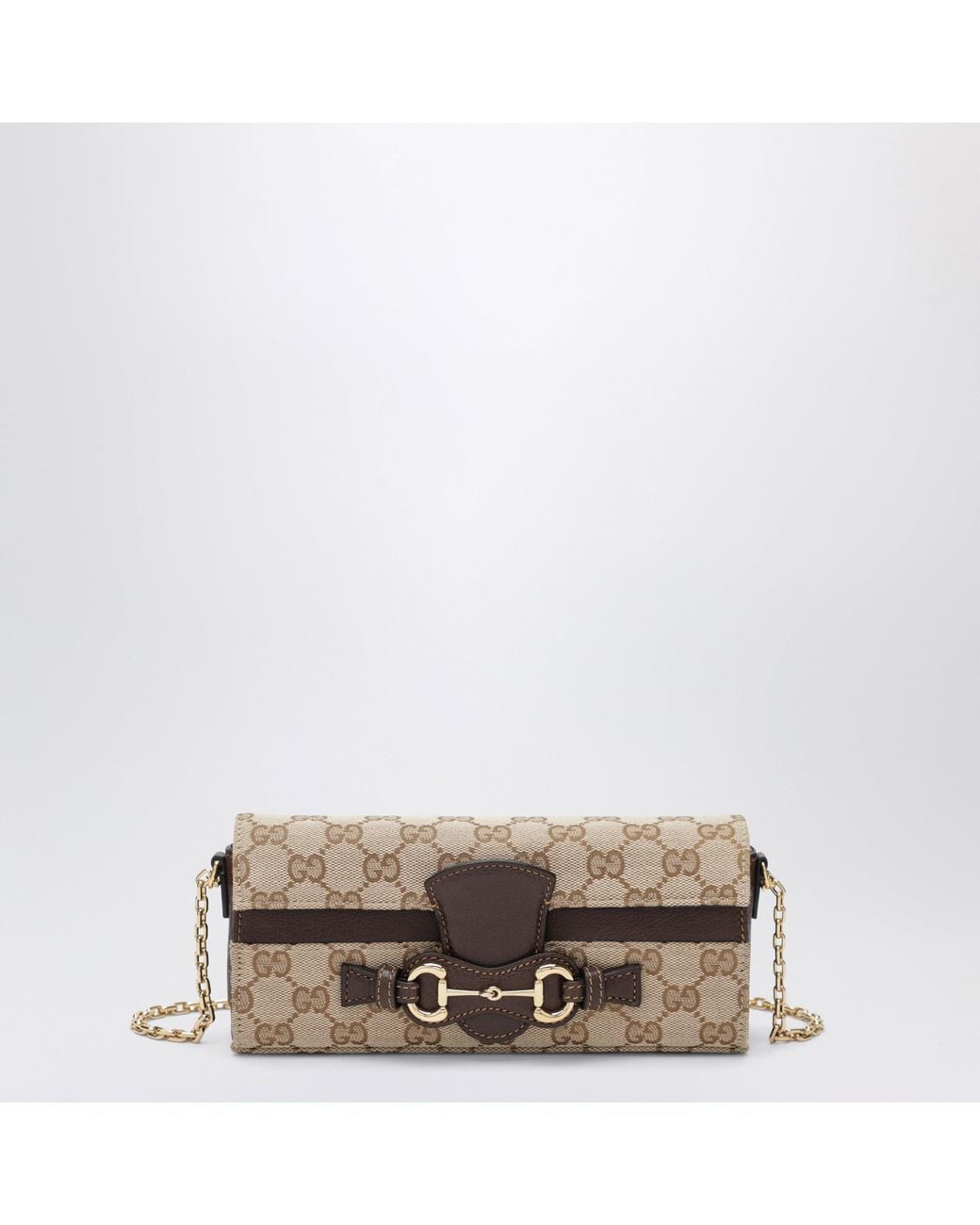 Gucci Natural Sand/Dark Gg Fabric Wallet On Chain With Horsebit