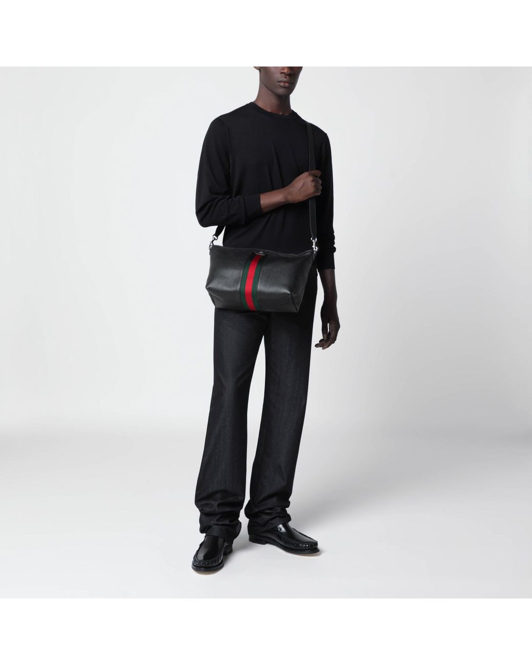 Gucci Black Grained Leather Bag With Web Detail for men