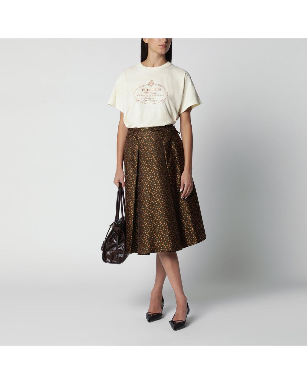 Prada Brown Ivory T-Shirt With Logo Print