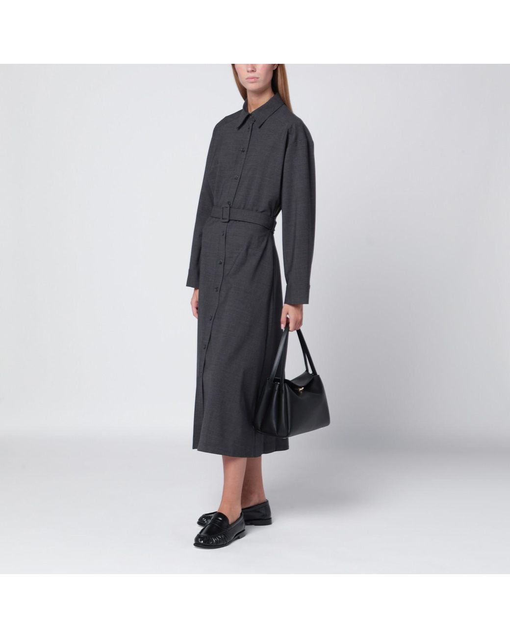 P.A.R.O.S.H. Black Anthracite Belted Shirt Dress