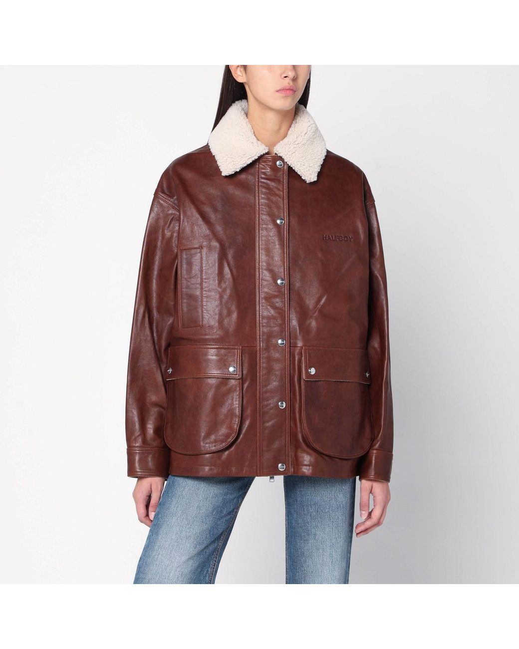 Halfboy Red Leather Jacket With Shearling Collar