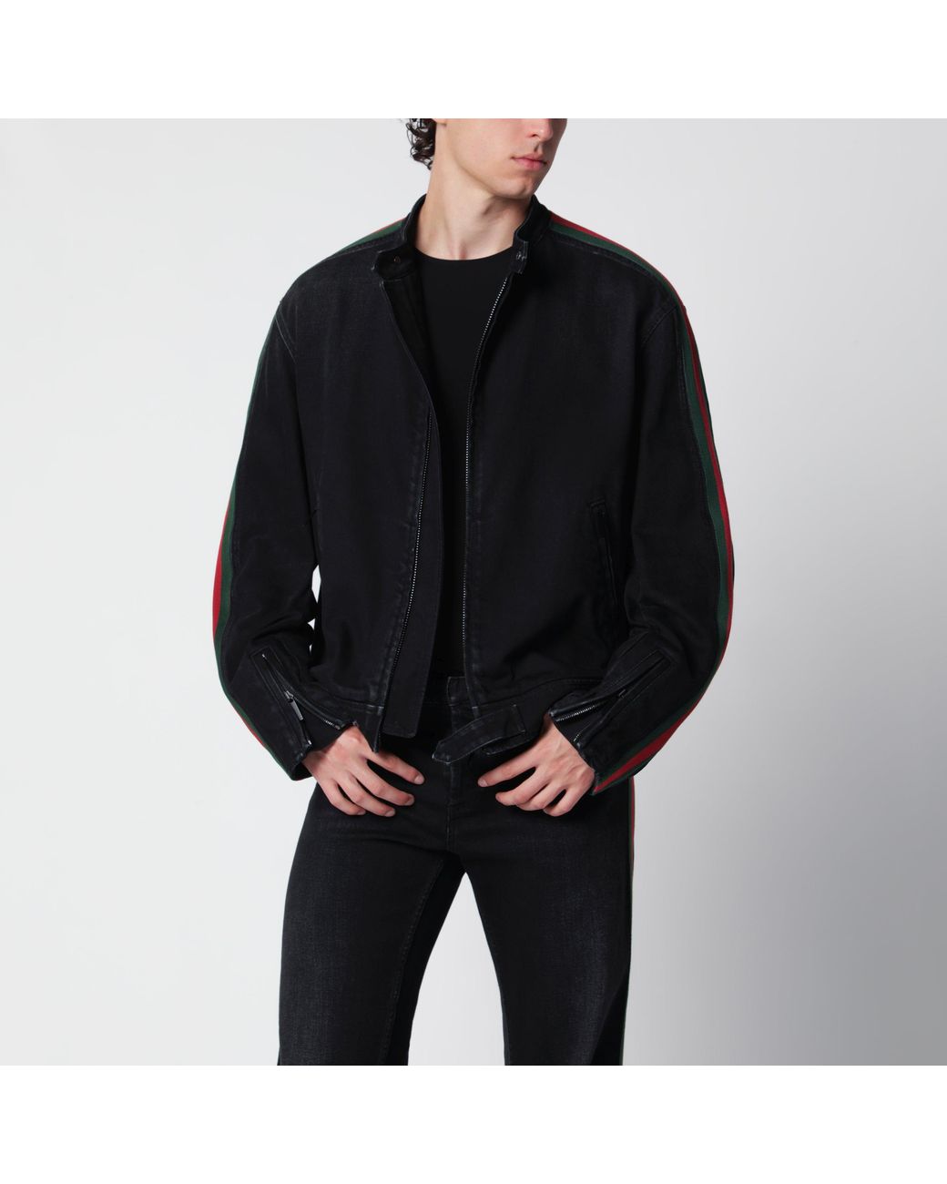 Gucci Black Cotton Denim Biker Jacket With Web Trim for men