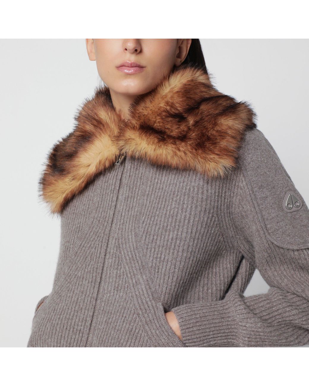 Moose Knuckles Gray Wool Cardigan With Faux Fur Collar
