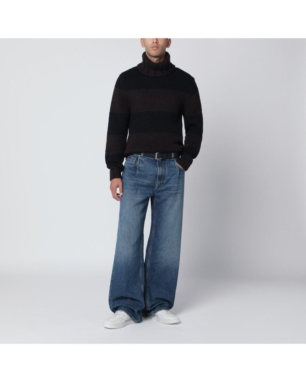 Dolce & Gabbana Black Striped Wool-Blend Turtleneck Sweater for men