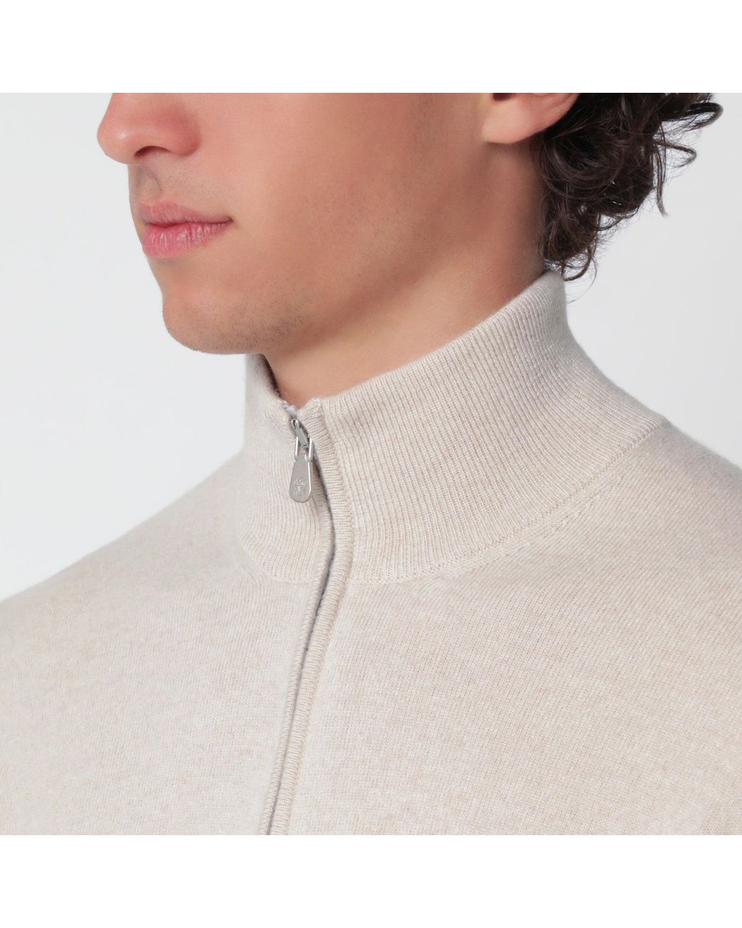 Brunello Cucinelli Natural Sand Cashmere Half-Zip Turtleneck Sweater for men