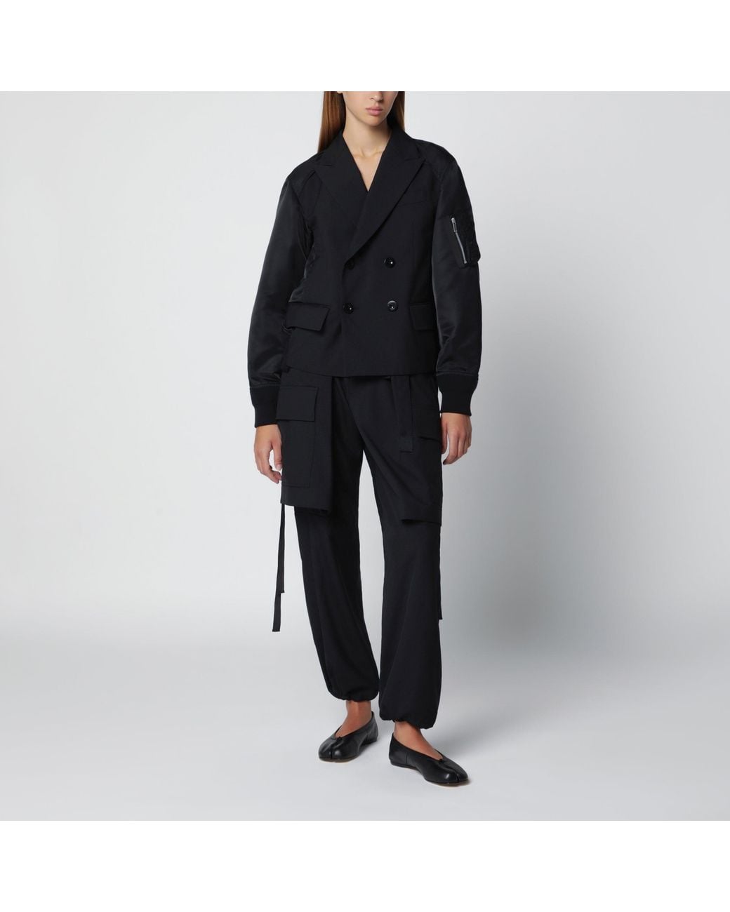 Sacai Black Double-Breasted Wool And Nylon Blend Jacket