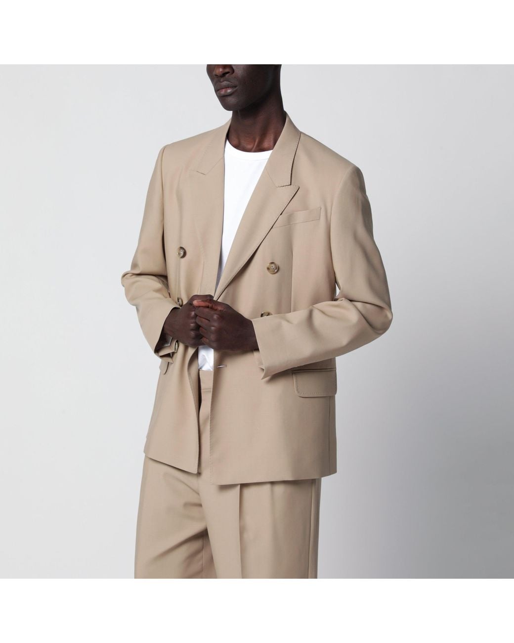 AMI Natural Double-Breasted Virgin Wool Gabardine Jacket for men