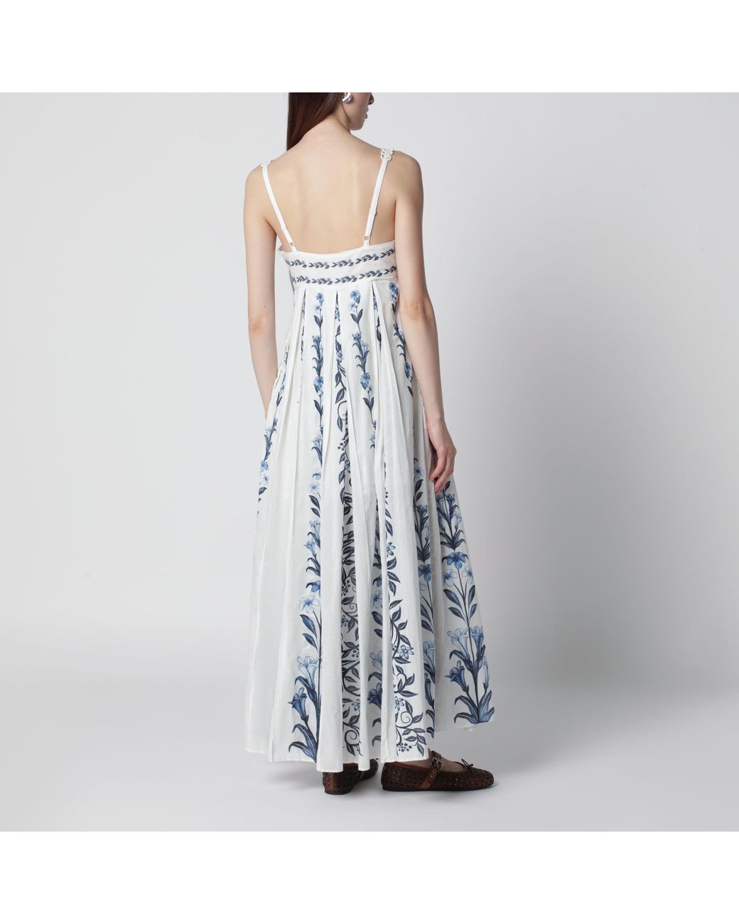 Farm Rio Blue Offwhite Flowers Arch Pleats Maxi Dress