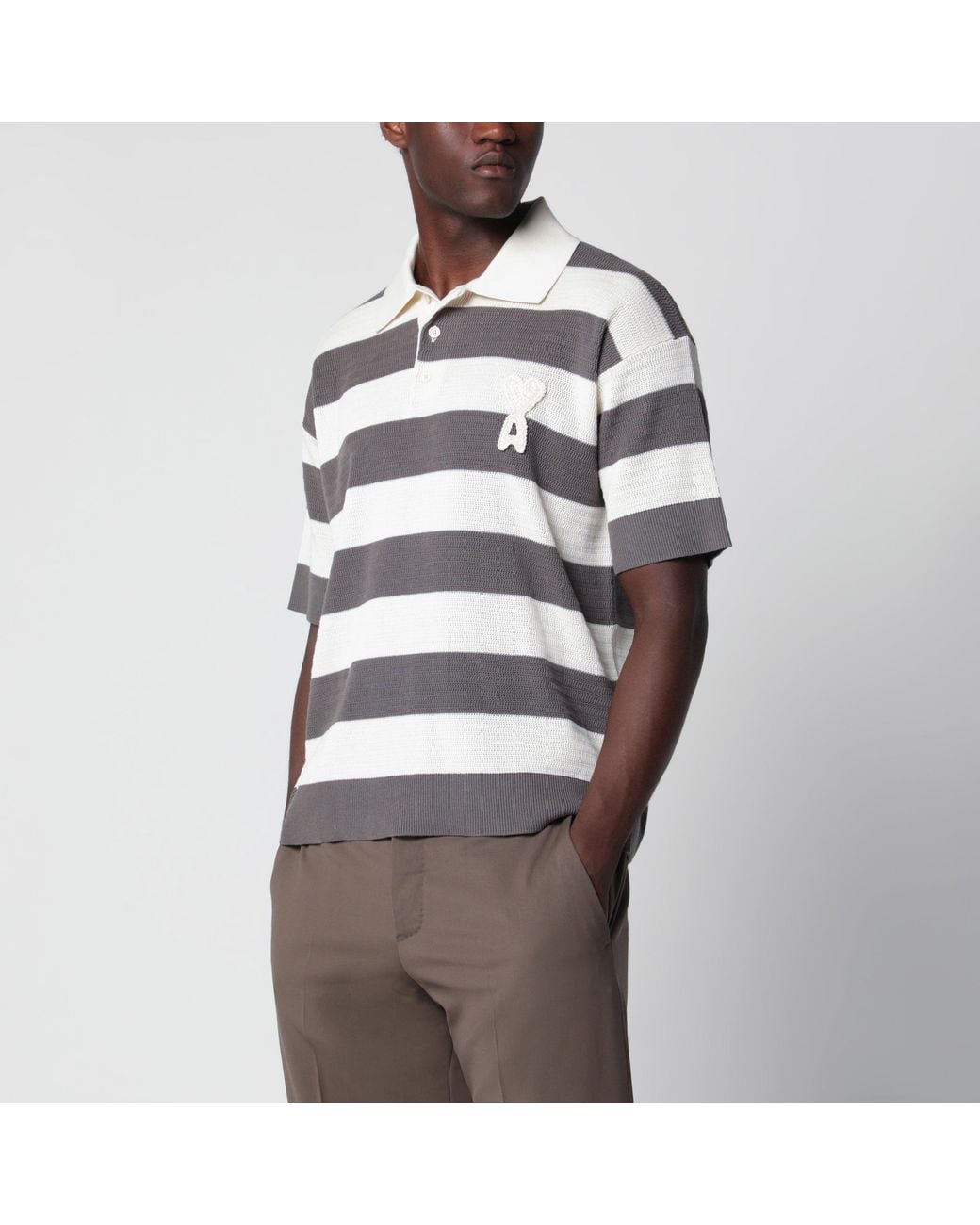 AMI Brown Ami De Coeur Striped Cotton Knit Polo Shirt for men