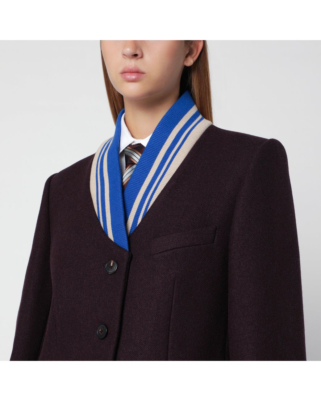 Dries Van Noten Blue Aubergine Jacket With Striped Shawl Collar