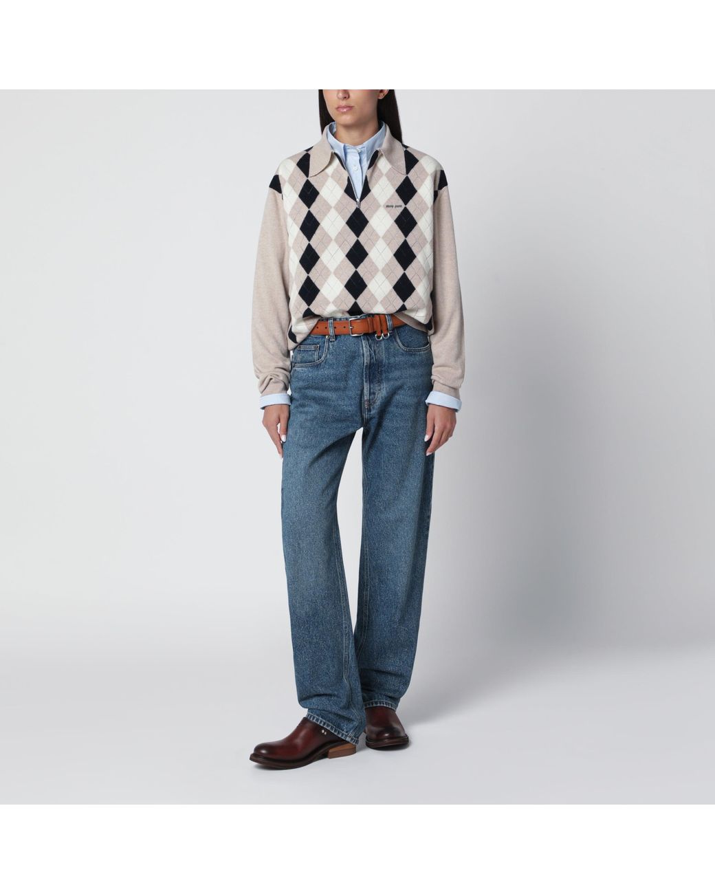 Miu Miu Blue Argyle Cashmere Polo Shirt