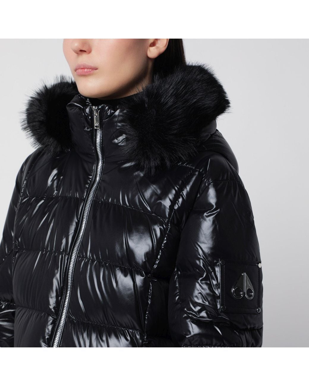 Moose Knuckles Black Celestia 3Q Glossy Nylon Down Jacket With Removable Hood & Faux Fur Trim