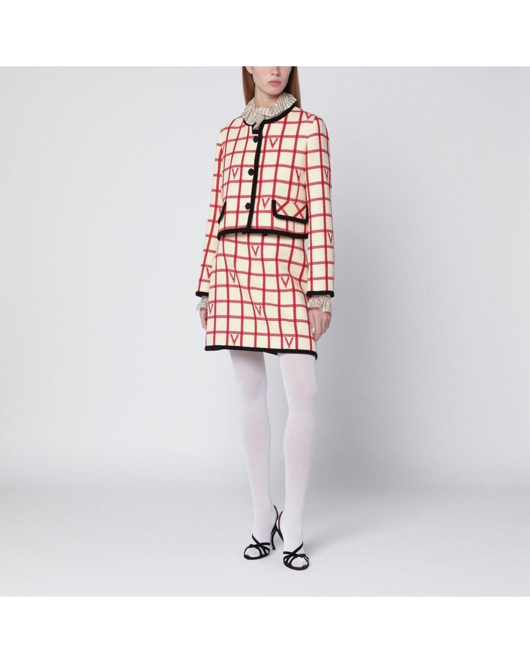 Valentino Pink Ivory Skirt With Check Vlogo Pattern