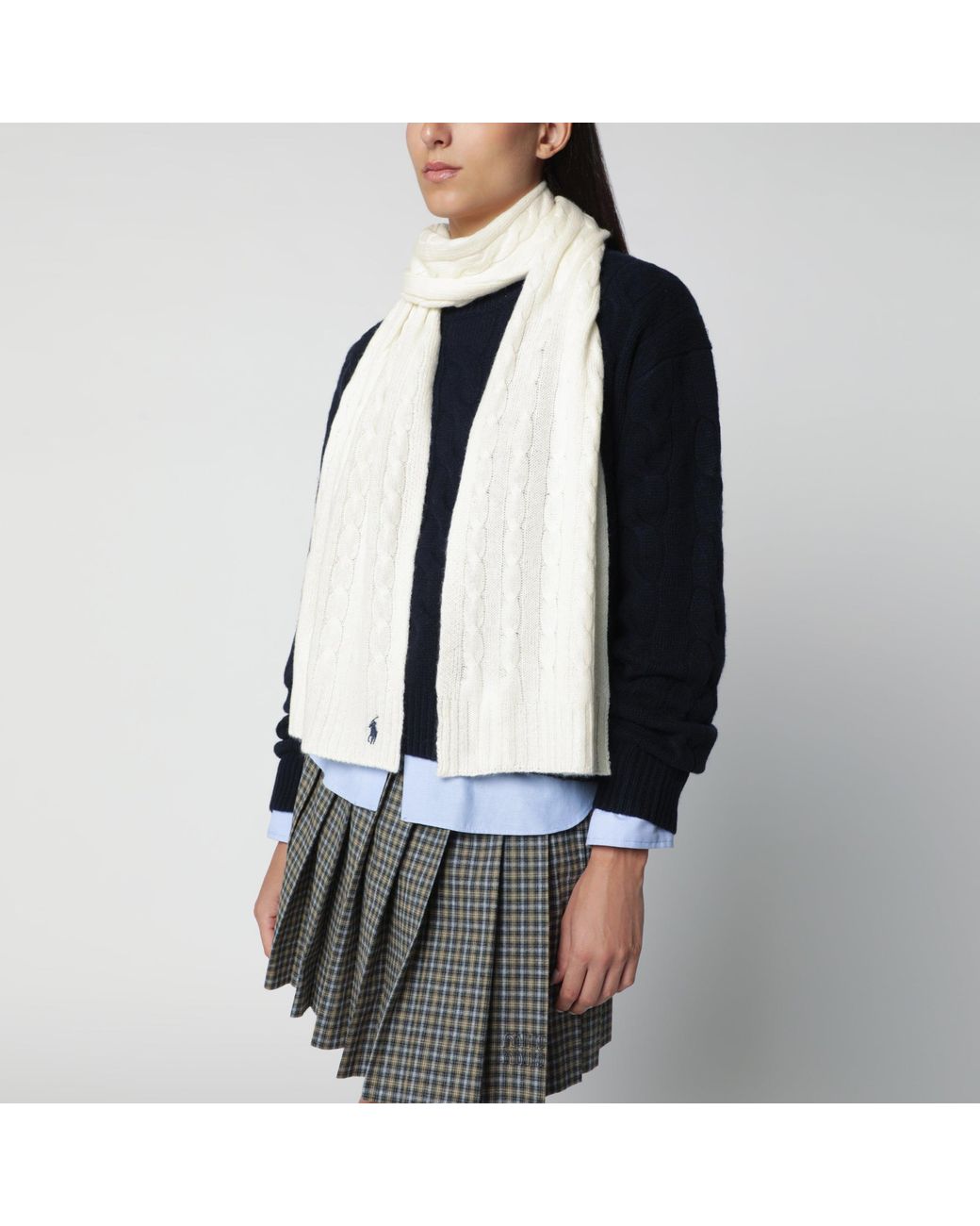 Polo Ralph Lauren White Cream Cableknit Wool And Cashmere Scarf