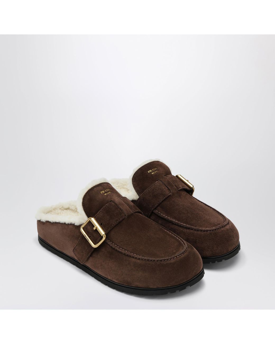 Prada Brown Moro Suede Clogs With Shearling Lining