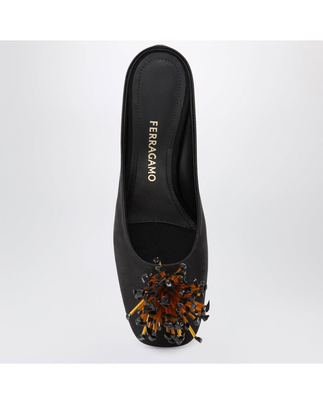 Ferragamo Black Mules With Sculptural Heel And Crystal Flower