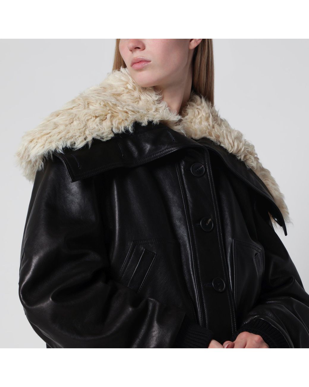 The Attico Black Leather Bomber Jacket With Shearling Collar