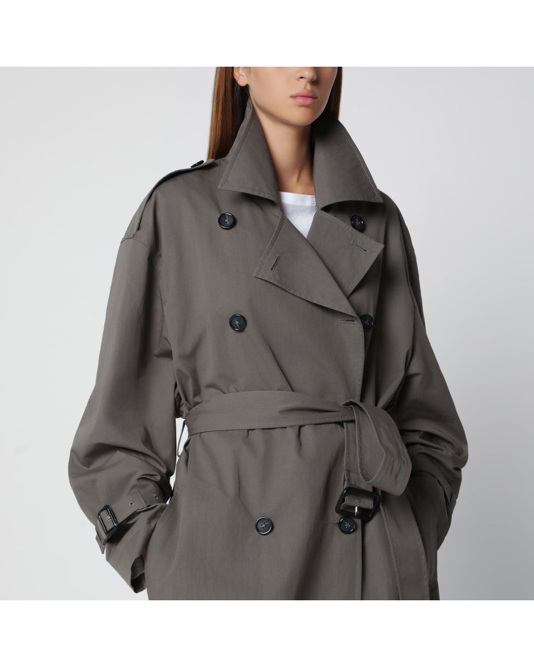 Totême Gray Taupe Double-Breasted Cotton-Blend Trench Coat