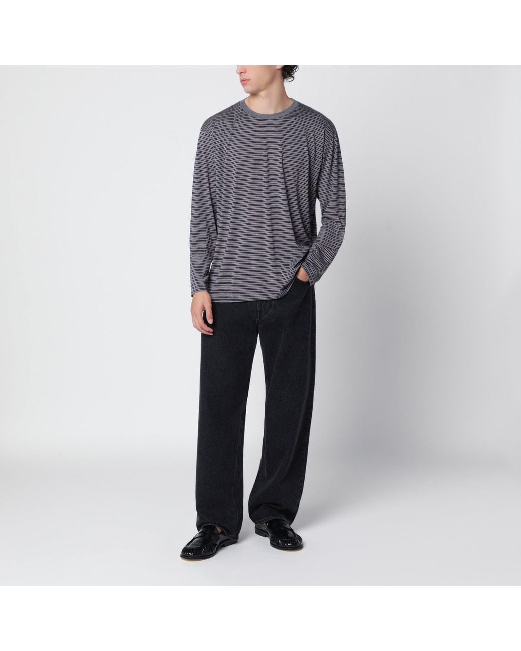 Auralee Gray Striped T-Shirt for men