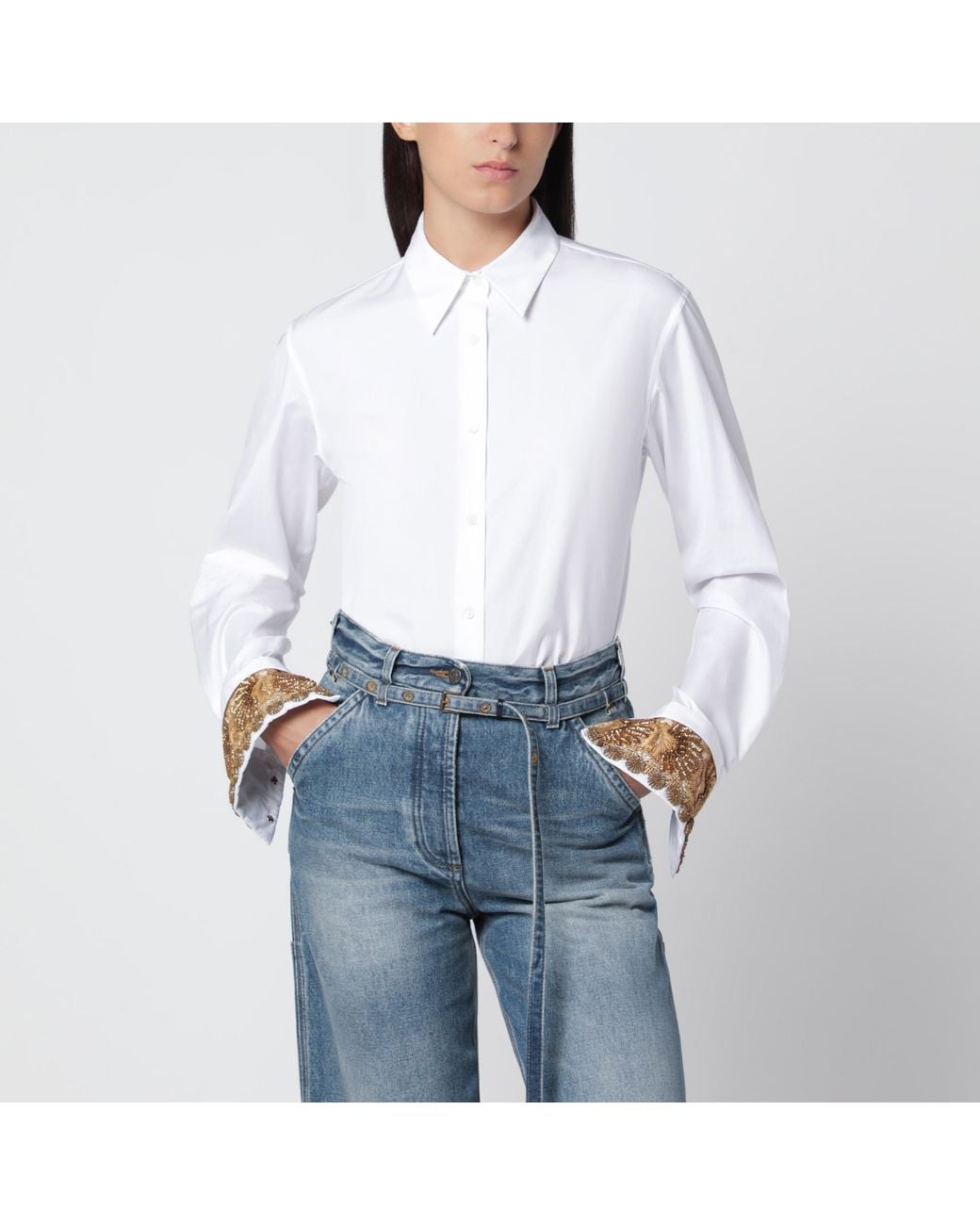 Dries Van Noten White Cotton Shirt With Embroidered Cuffs
