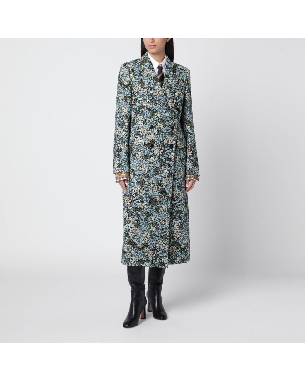 Dries Van Noten Green Double-Breasted Coat With Floral Jacquard Pattern