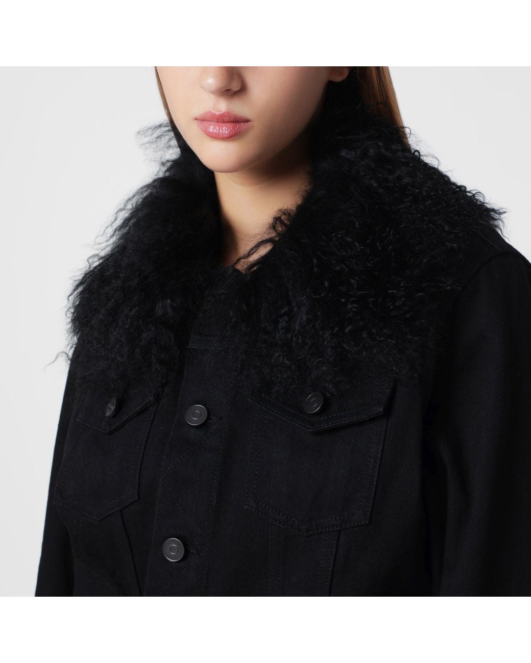 Alaïa Black Denim Jacket With Curly Faux Fur Collar