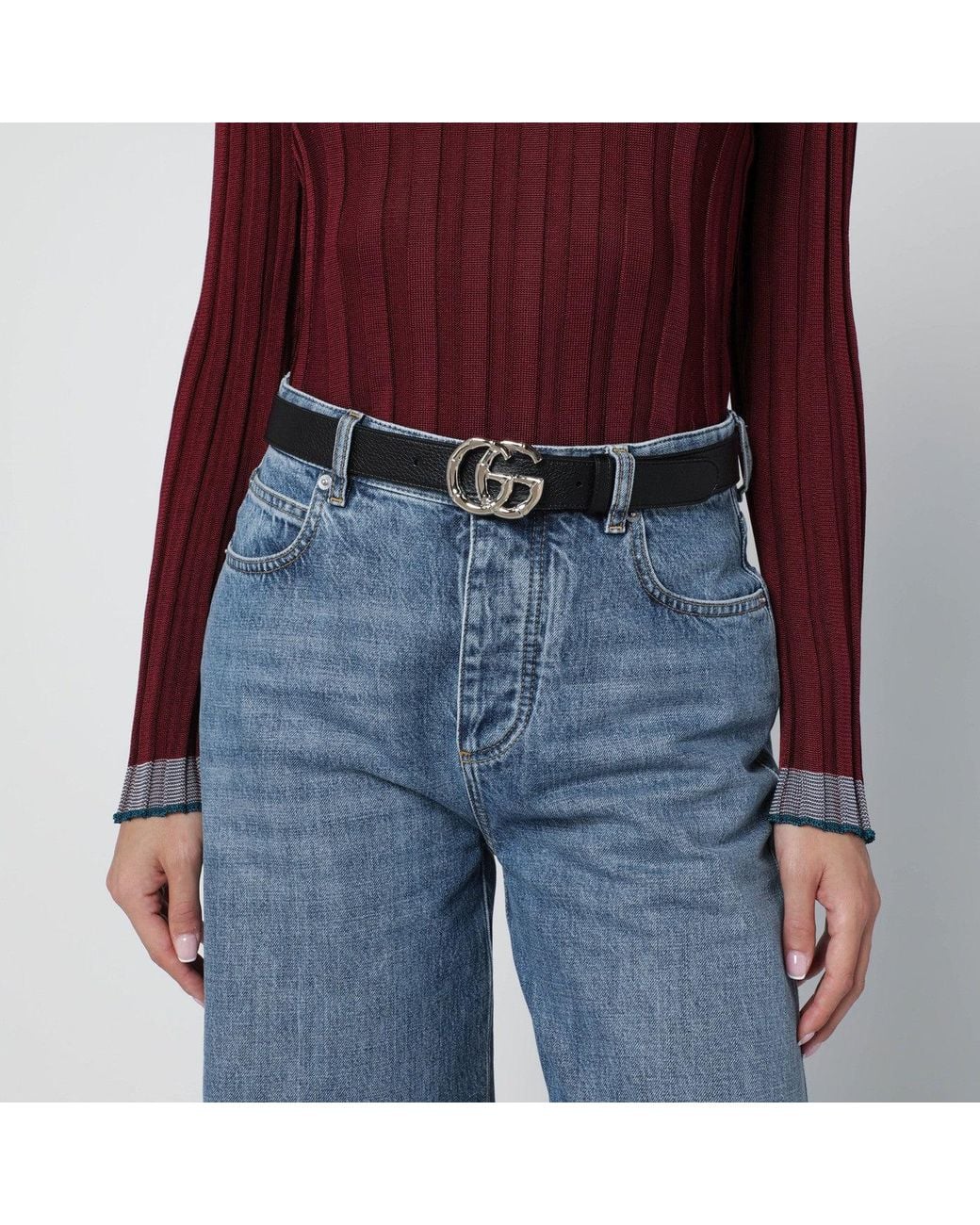 Gucci Red Leather Belt With Bamboo Gg Marmont Buckle