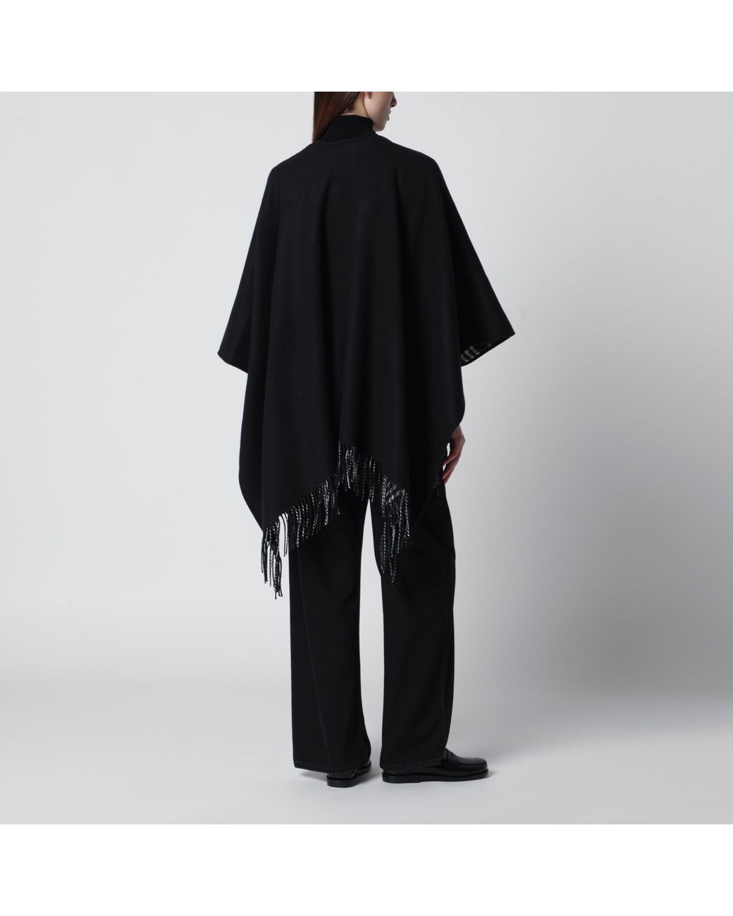 Burberry Black Reversible Wool Check Cape With Fringes